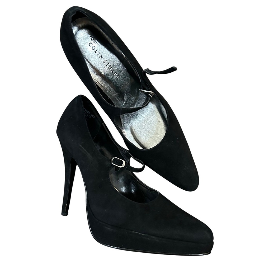 Colin Stuart Black Suede Mary Jane‎ Platform Pumps Leather Stiletto Heels 8.5